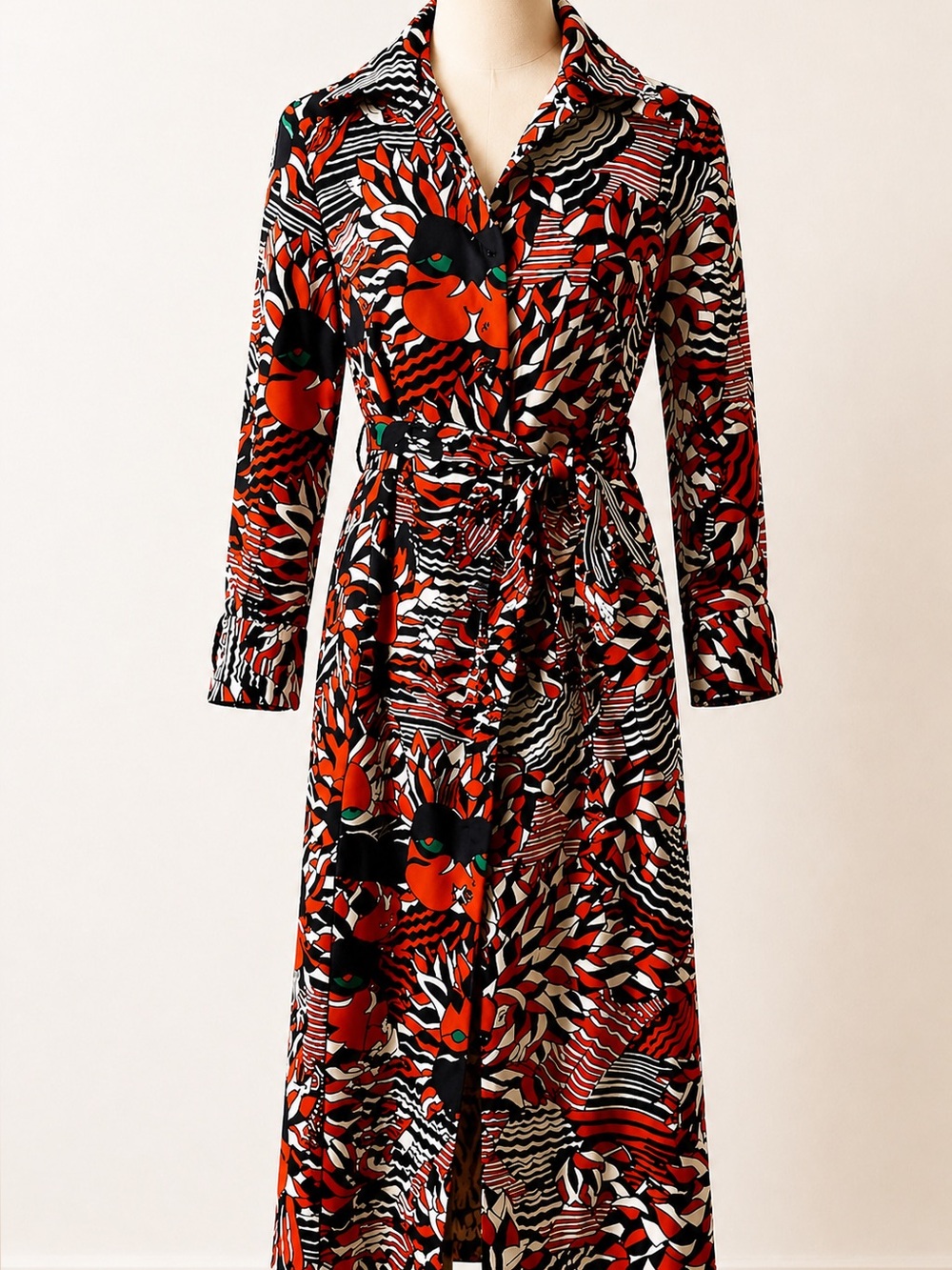 LANVIN 1970s Vintage Paris Op Art
Shirt Midi Dress Belted Graphic Print Size 6